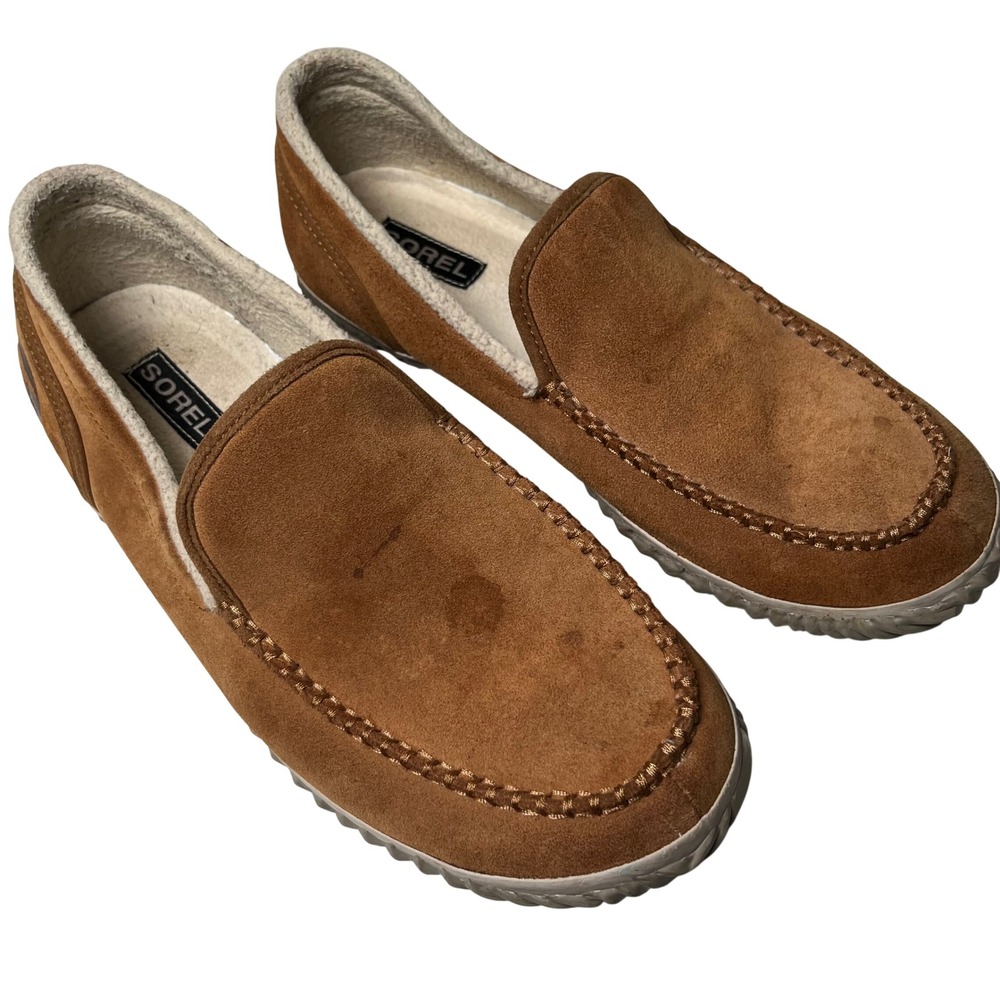 Sorel Dude Moc Toe Slippers Mens Sz 11 Tan Suede Faux Fur Lined Slip On Comfort